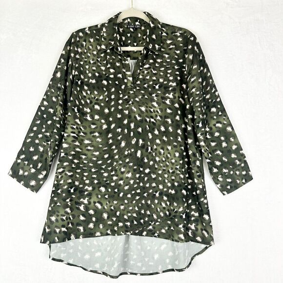 Boho Chic V Neck Tunic Top Hi Low Size Large Leoprd Green Collared - Picture 1 of 7